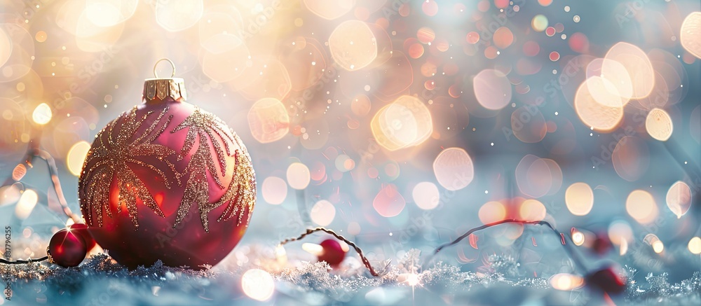 Aufkleber Christmas ball decoration placed against a blurred background with empty space for text in the image. with copy space image. Place for adding text or design