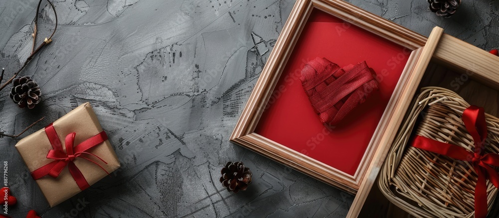 Poster Aerial photo of a wooden frame with red paper a gift box and a rattan heart on a grey backdrop ready for your design with copy space image