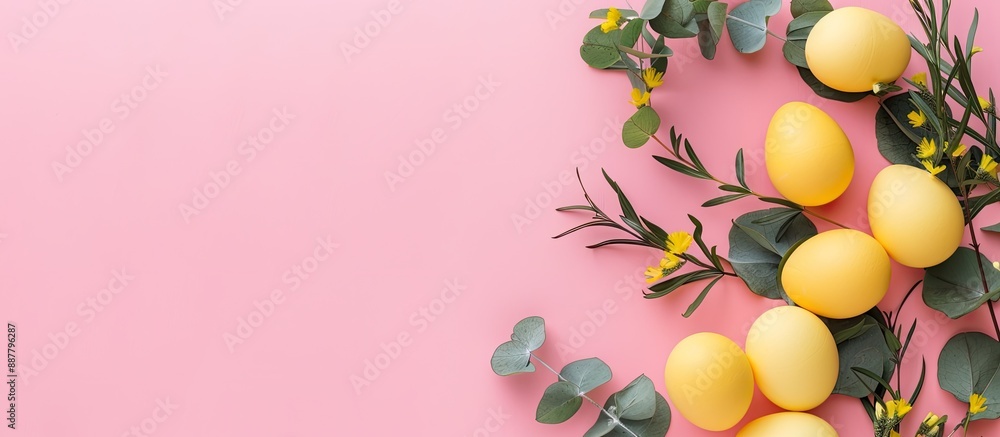 Aufkleber easter theme featuring yellow eggs eucalyptus branch on a pastel pink backdrop perfect for a flat la