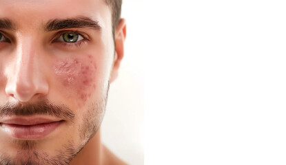 Fototapeta premium Rosacea & Skin Conditions : Men's Faces, copy space Treatment. Close-up of Couperose, Vascular Stars, Capillaries, Freckles, Back Rashes. Dermatology Insights