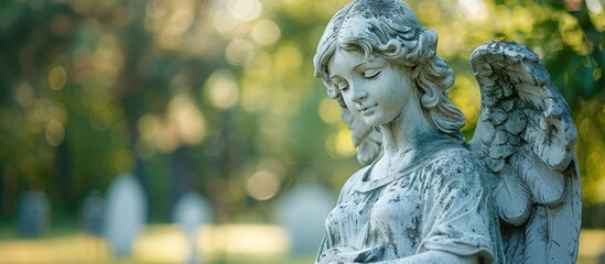 Naklejka premium Elegant angel statue at the cemetery with copy space image Ideal for a funeral ceremony