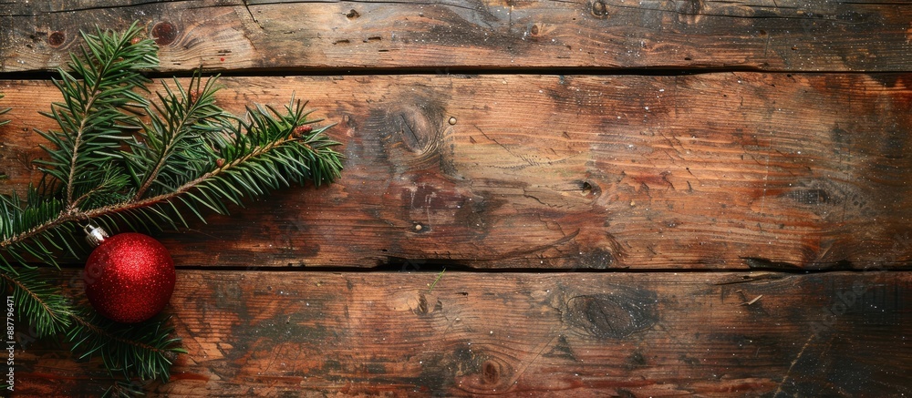 Poster rustic wooden board with a christmas fir tree decorated with a red ornament perfect for a copy space