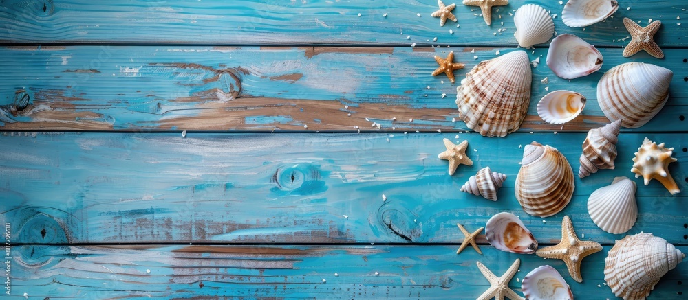 Poster blue wooden background with shells reflecting a summer and sea concept ideal for copy space image