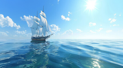 Design a detailed 3D model of a sailing boat with sails billowing in the win