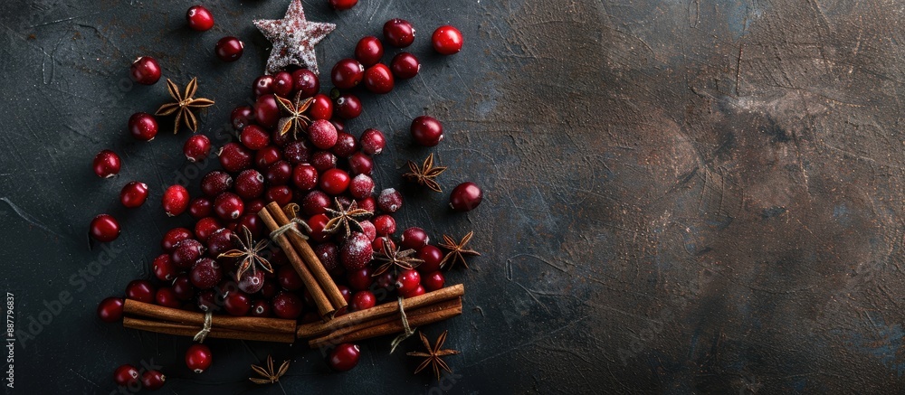 Aufkleber top view of a christmas tree crafted from frozen cranberries cinnamon sticks and anise star on a dar