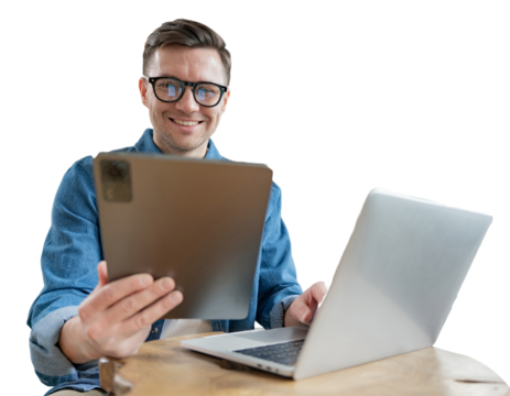 Online video chat at work, a positive male manager uses a tablet and laptop. Cut out