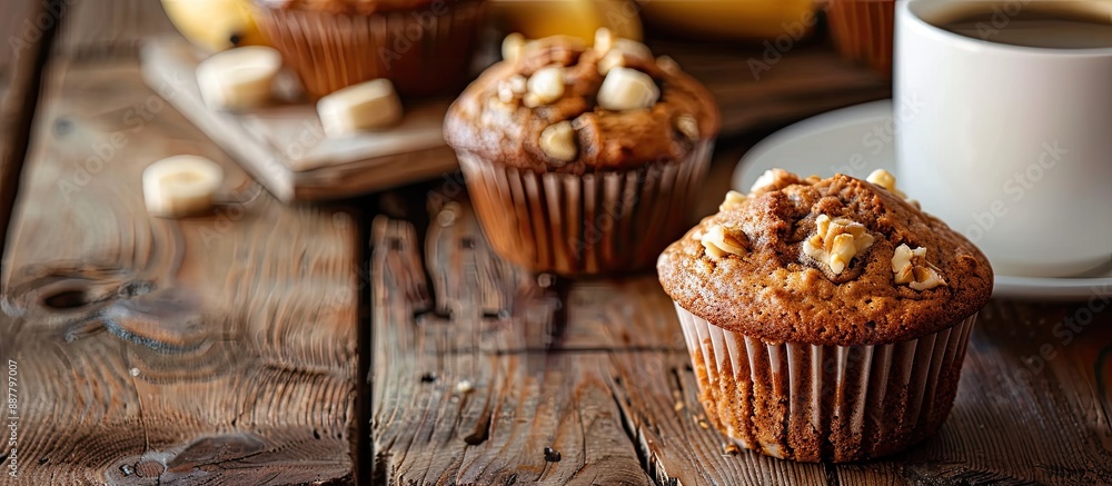 Poster close up of a banana nut muffin served alongside coffee for breakfast on a vintage rustic wood kitch