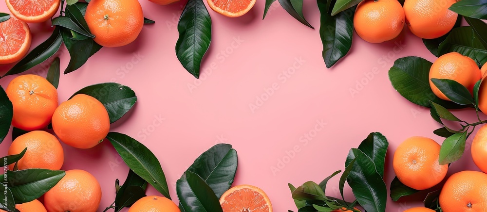 Poster fresh tangerines and leaves creatively form a frame against a pink background for a beautiful copy s