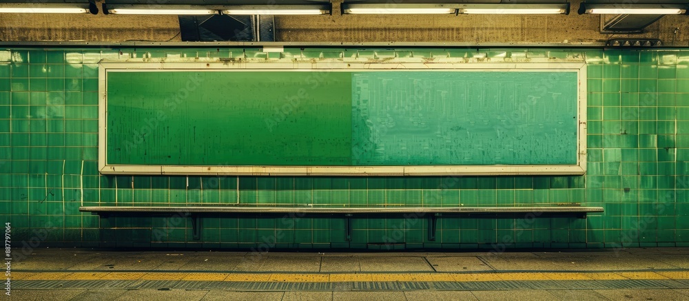 Poster an unoccupied advertising board with a green background at the station offers ample copy space for a