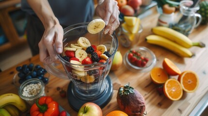 A female is making a healthy smoothie drink with a blender mixer in kitchen