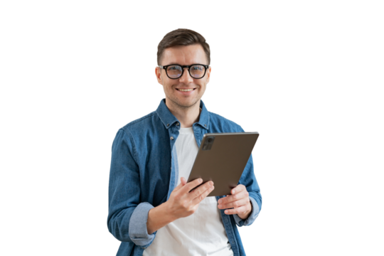 A positive male manager uses a tablet and a laptop. cut out
