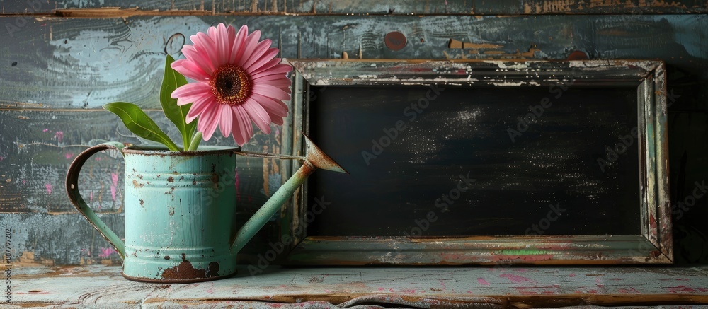 Poster On a grungy wooden surface a charming flower sits inside a watering can next to a blackboard all with space for an image to be added. with copy space image. Place for adding text or design