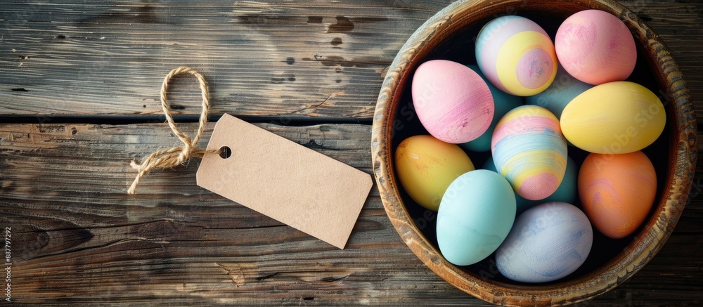 Aufkleber happy easter card featuring a bowl of brightly colored pastel easter eggs on a wooden background wit
