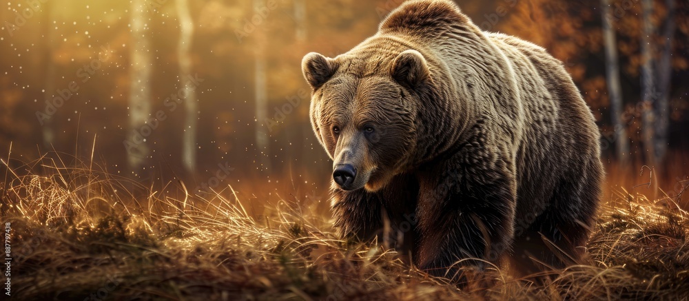 Poster A bear strolling against a natural setting with available copy space in the image symbolizing the concept of wild animals