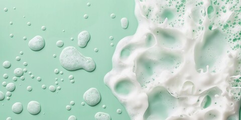 A green background with white foam and water droplets