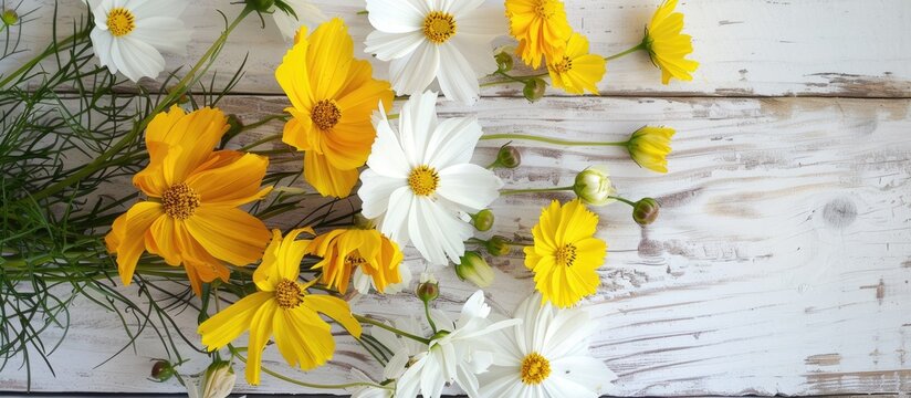 White cosmea and cosmos bouquets on a white board contrast with yellow flowers on a wooden table creating an elegant background for a copy space image with a versatile theme suitable for Mother s Val