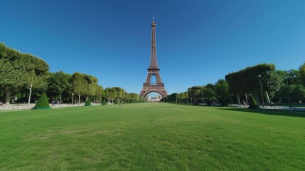 Beautiful landscape with Eiffel Tower under clear blue sky. Iconic Paris landmark in bright daylight. Perfect for travel, tourism, and architecture themes. Ideal for backgrounds and web design. AI