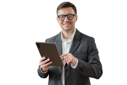 A businessman manager uses an online tablet to work in an office workplace. Cut out