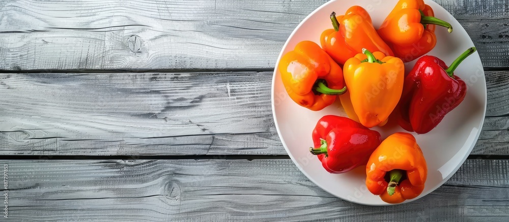 Aufkleber fresh orange peppers arranged on a white plate over a wooden surface with copy space image they are 
