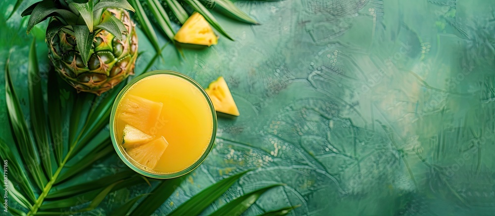 Aufkleber Pineapple juice with palm leaves on a green backdrop creates a refreshing tropical vibe for your copy space image