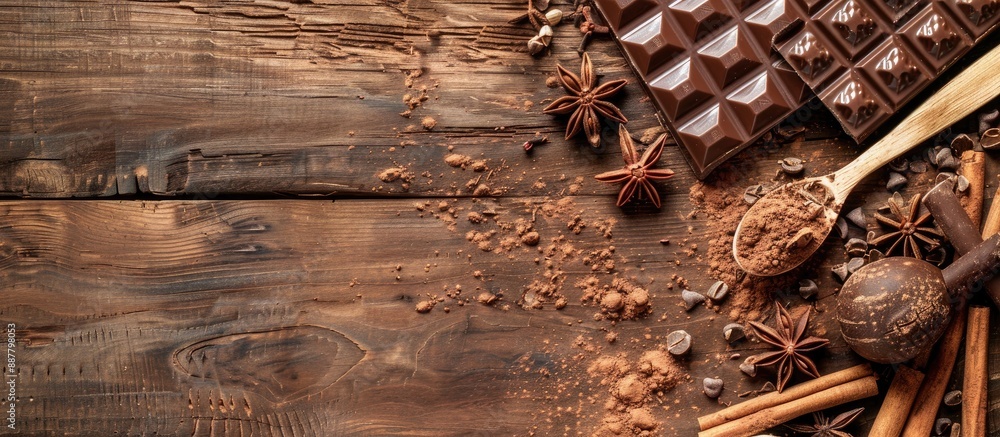 Fototapete Wooden background with chocolate spices and a cocoa covered spoon Includes copy space image