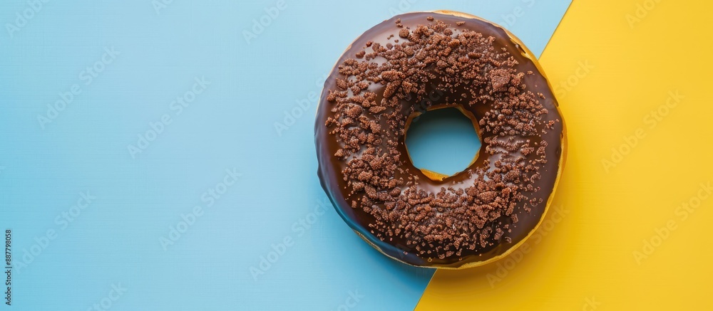 Poster copy space image featuring a chocolate donut placed on a blue and yellow background