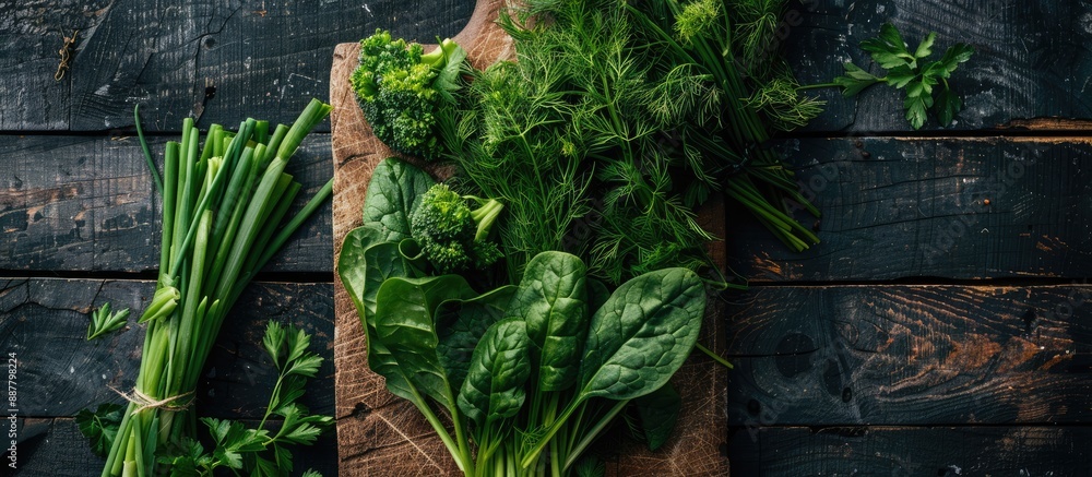 Aufkleber copy space image of various fresh greens like spinach dill parsley sorrel and green onions on a rust