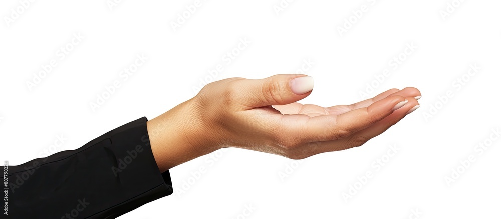 Poster A businesswoman s hand is open holding an item The image has a clipping path and is isolated on a white background. with copy space image. Place for adding text or design