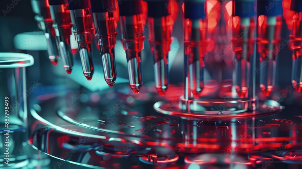 Poster microscope view of micropipettes on carousel in laboratory for dna analysis and research