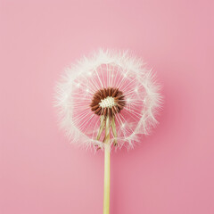 Fototapeta premium Minimalistic flatlay white overripe dandelion flower spreading on pastel pink background 