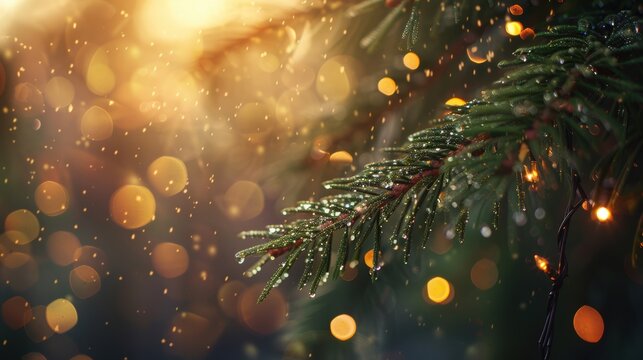 A close-up of a Christmas tree branch with festive golden bokeh lights in the background, evoking holiday spirit.