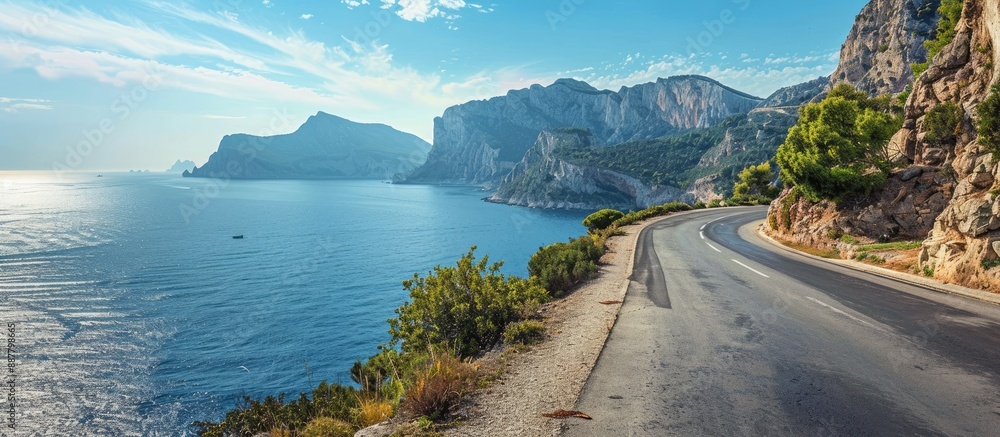 Poster scenic coastal mountain road with a view of the sea providing a background with ample copy space ima