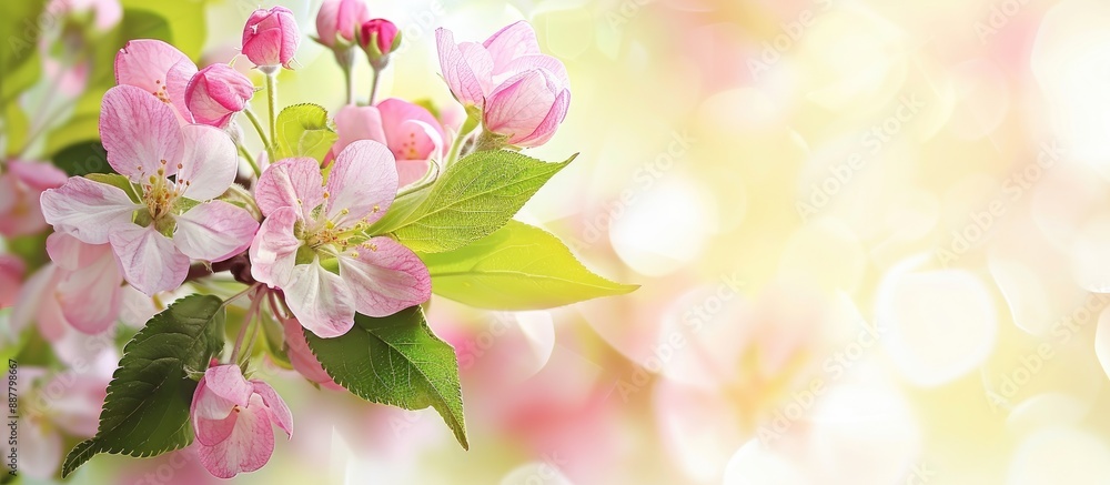 Poster spring flowers blooming on an apple blossom tree backdrop with copy space image available