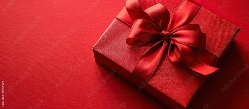 Aufkleber Red gift box tied with a ribbon on a red background ideal for a copy space image