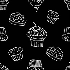 Cupcakes doodles repeat pattern, a chalkboard style seamless background with hand-drawn muffins, a white-on-black drawing
