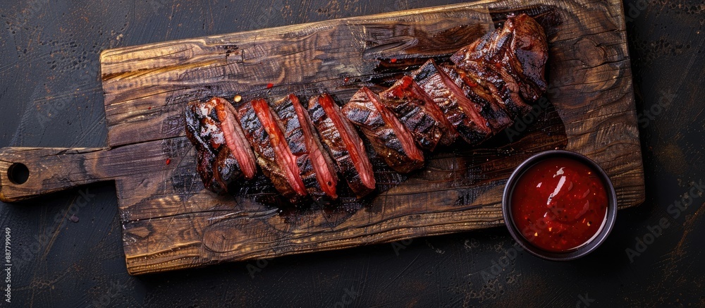 Poster Top view of a dry aged Wagyu tri tip steak with BBQ sauce for dipping showcased on a wooden cutting board with copy space image