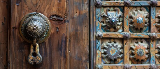 Fototapeta premium An aged metal doorknob on a vintage wooden door featuring traditional windows doors and locks in a Moroccan style all set against a copy space image
