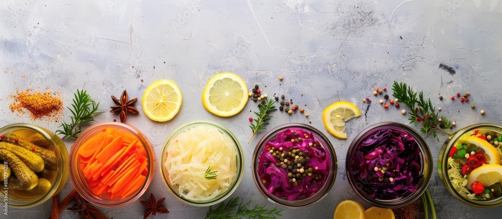 Poster a variety of fermented foods like sauerkraut red cabbage pickles carrots and preserved lemons displa