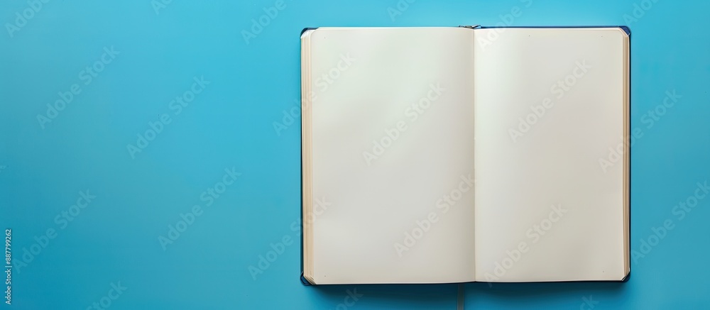 Poster Top view of an open notebook on a blue background with blank pages offering copy space image