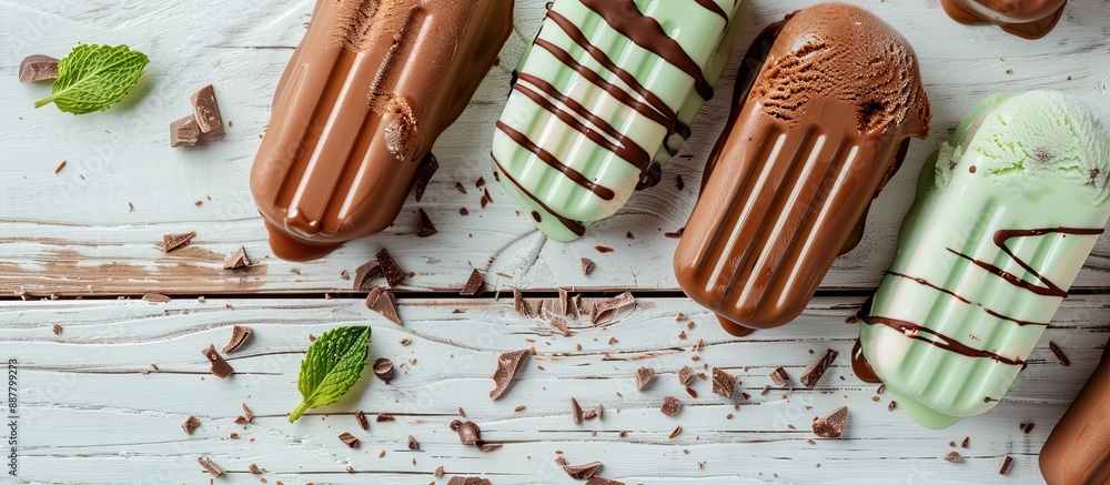 Leinwandbilder flat lay of delectable glazed ice cream bars in chocolate and mint flavors on a white wooden table w