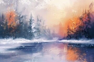 Watercolor landscape with mountains, forest and river in front. beautiful landscape.