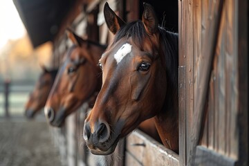 Horses peeking through a stable door