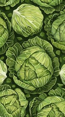 Fototapeta premium illustration of fresh green cabbage pattern on vertical background