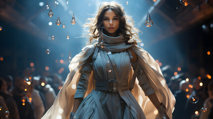 A confident female futuristic warrior queen stands before the blurry silhouetted figures of her subjects in a candlelit hall, with crystal-like teardrops floating in the air around her.
