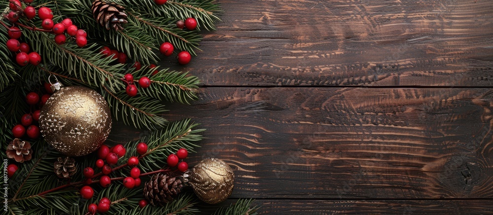 Aufkleber Decorative Christmas themed composition featuring pine tree frame red berries and a golden ornament on a wooden backdrop suitable for text and invitation cards with copy space image