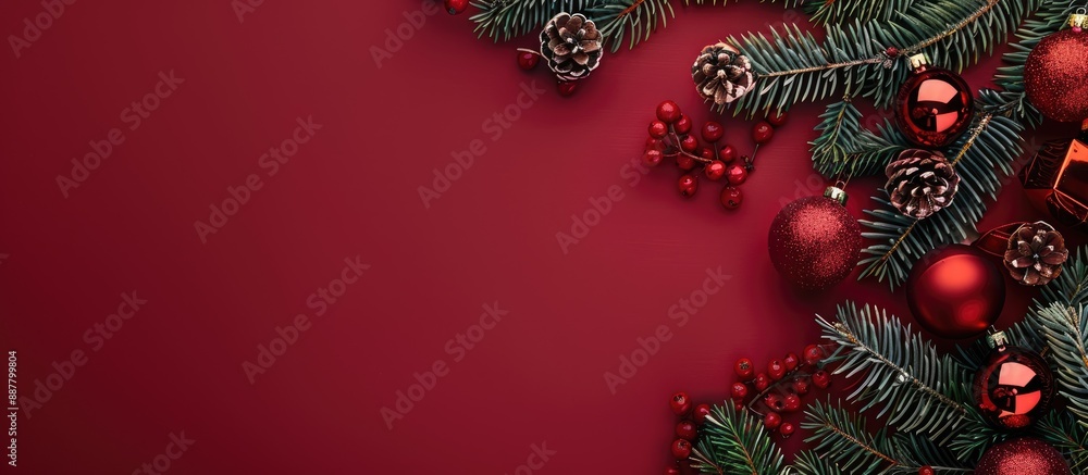Poster Festive holiday season with Christmas decorations showcased in a flat lay style with space for text in the image. with copy space image. Place for adding text or design