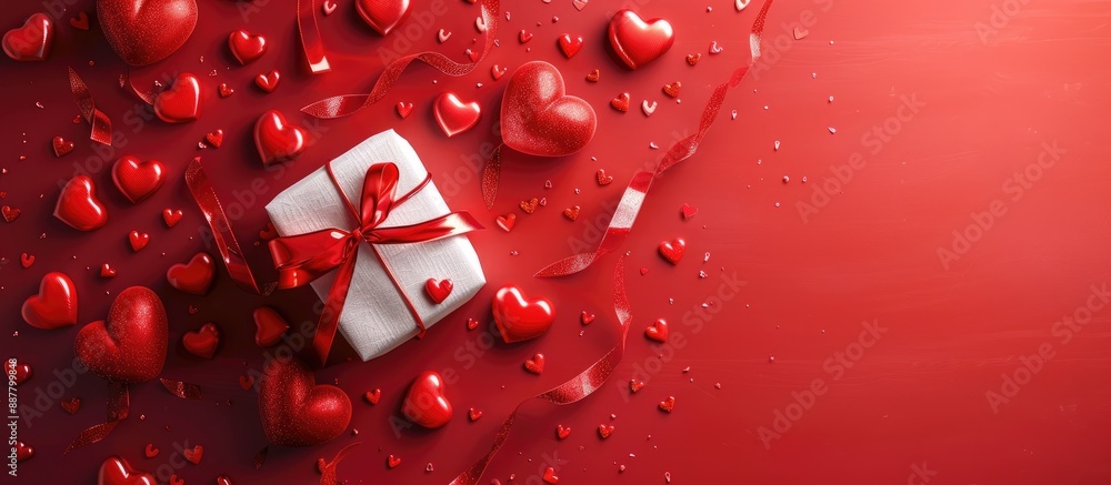 Poster valentine s day banner featuring a gift and red hearts set against a vibrant red background with cop