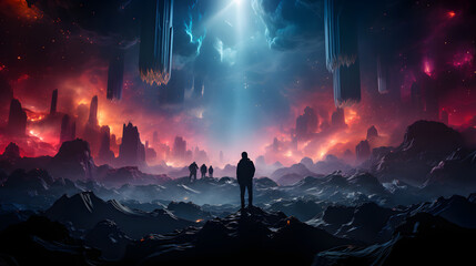 Three explorers stand on a mountain pass looking out over a stormy, volcanic landscape with huge crystals hanging from the sky.