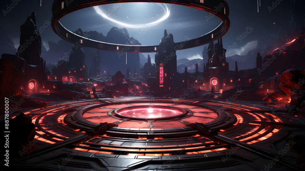 Poster a desolate alien landscape with red hot lava flows and futuristic architecture built into the rocky 