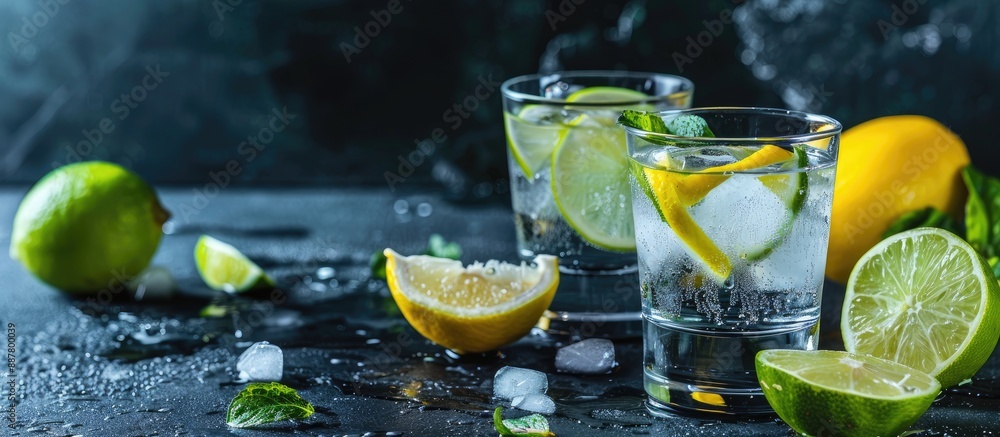 Poster Two shots of vodka with lime and lemon displayed on a dark backdrop providing copy space image